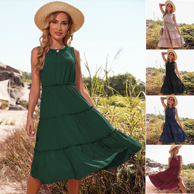 Robe midi à volants sans manches pour femme - Style décontracté d'été