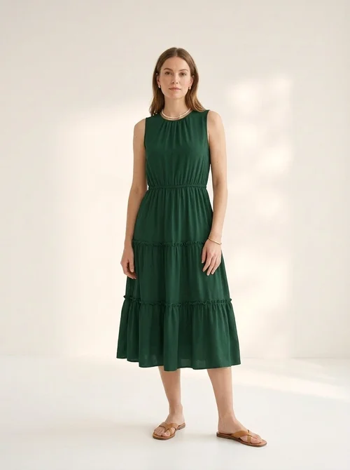 midi summer casual dresses Zhyaj Women's Summer Casual Midi Dress Short Sleeve Smocked Elastic Waist Tiered A-Line Dress Dressy Round Neck Midi Dress A Army Green at Amazon Women's Clothing store