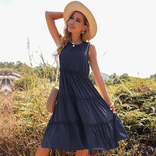 midi dress summer casual Red Halter Midi Casual Summer Dress with Pockets Winterberry Red / XSmall