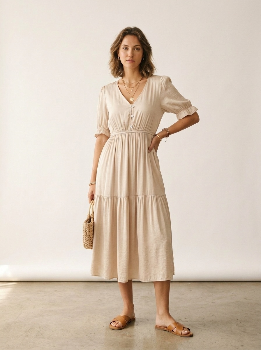 Robe midi à col en V, manches bouffantes et volants avec poches