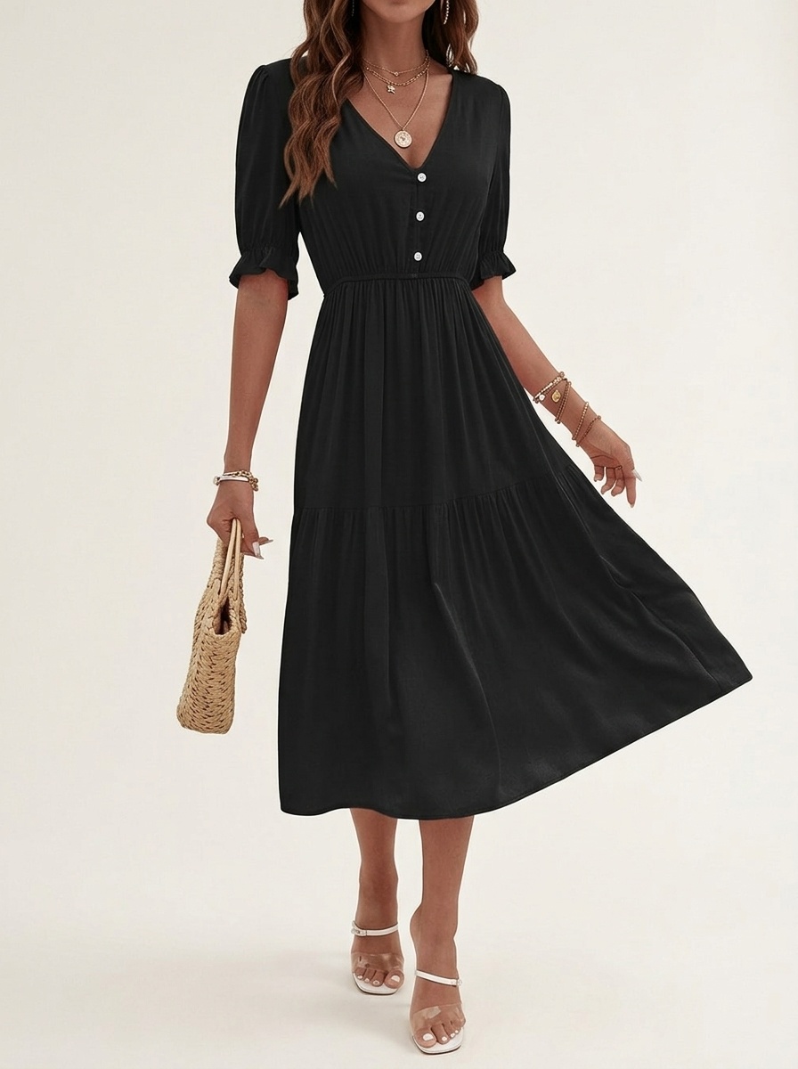 Robe midi à col en V, manches bouffantes et volants avec poches