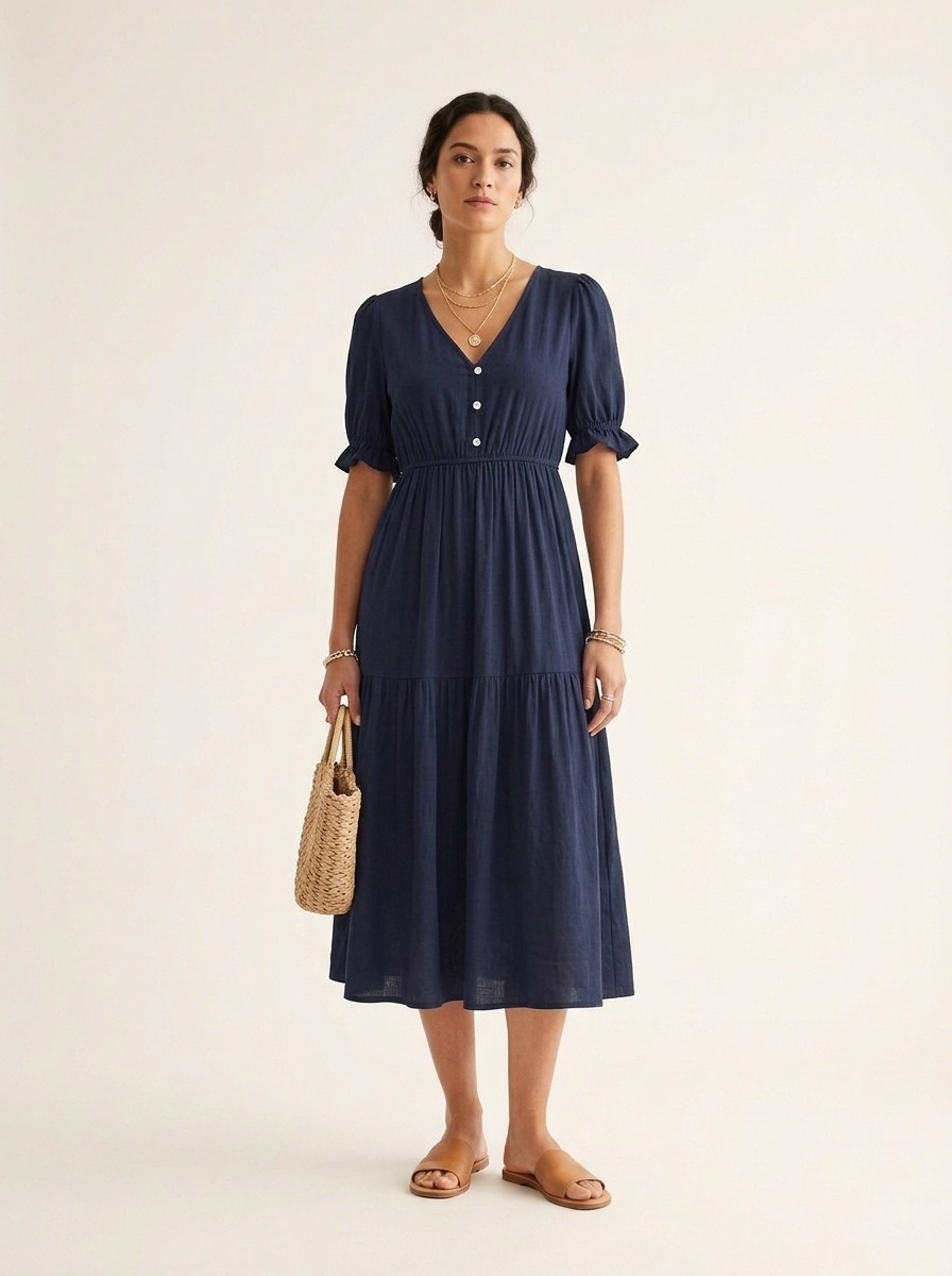 Robe midi à col en V, manches bouffantes et volants avec poches