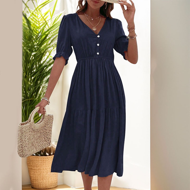Robe midi à col en V, manches bouffantes et volants avec poches