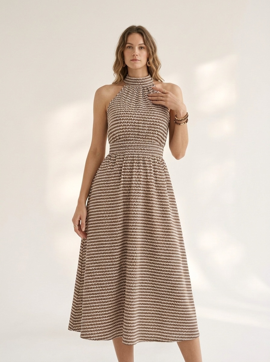 Elegante abito midi con scollo all'americana e vita arricciata - Stampa marrone