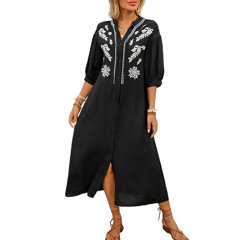 Robe midi boutonnée brodée sur le devant avec manches bouffantes