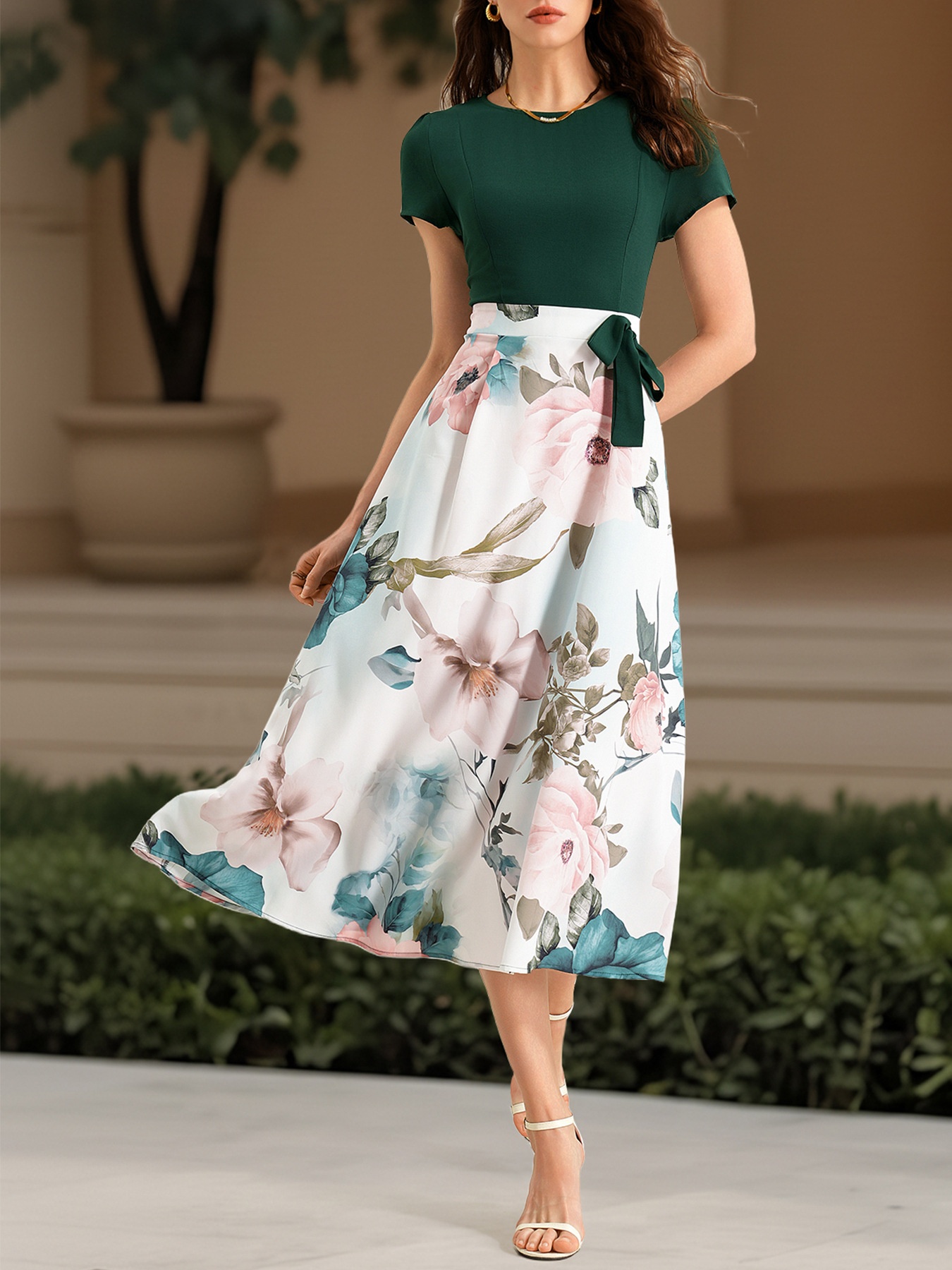 Robe midi à imprimé floral pour femme avec corsage vert foncé
