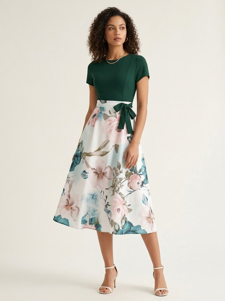 Robe midi à imprimé floral pour femme avec corsage vert foncé