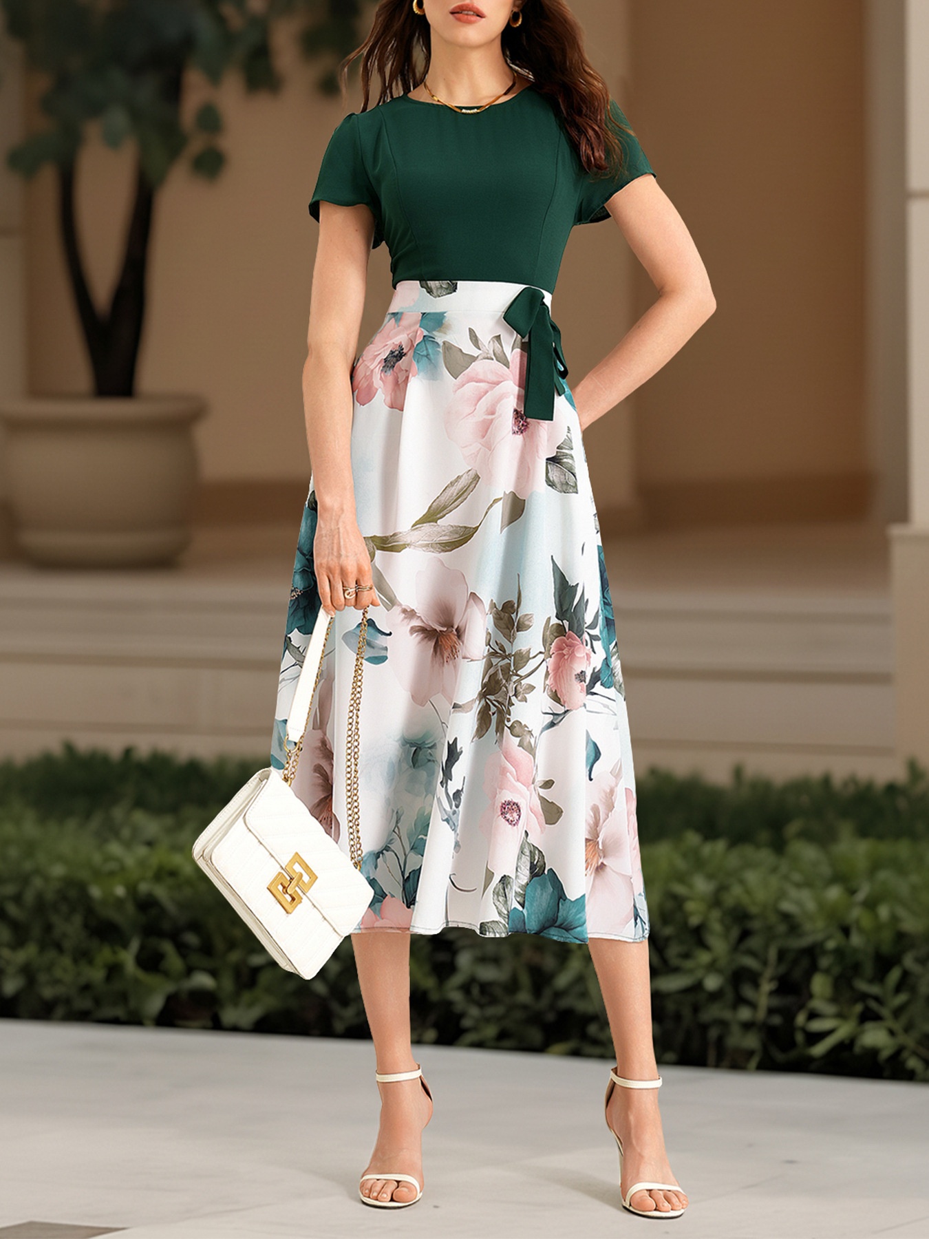 Robe midi à imprimé floral pour femme avec corsage vert foncé