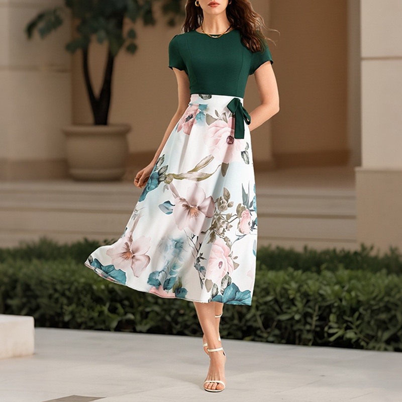 Robe midi à imprimé floral pour femme avec corsage vert foncé