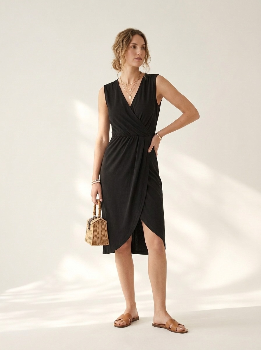 Robe portefeuille sans manches à col en V et ourlet asymétrique pour femme