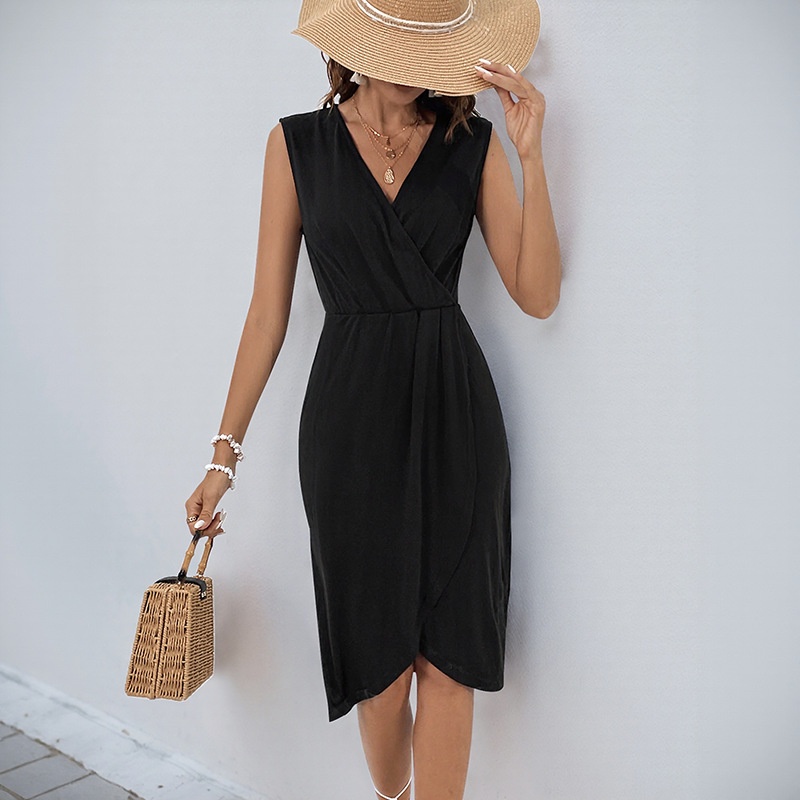 Robe portefeuille sans manches à col en V et ourlet asymétrique pour femme