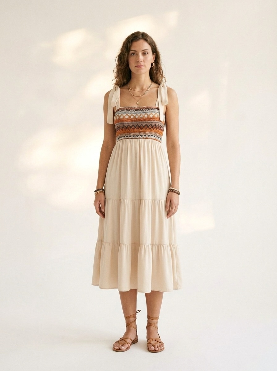 Robe midi bohème brodée à volants et smocks avec bretelles à nouer