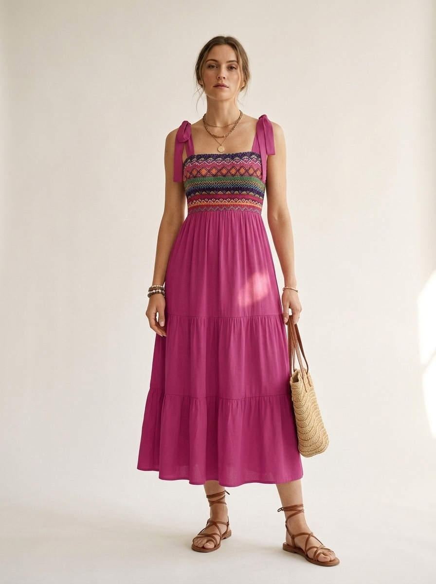 Robe midi bohème brodée à volants et smocks avec bretelles à nouer