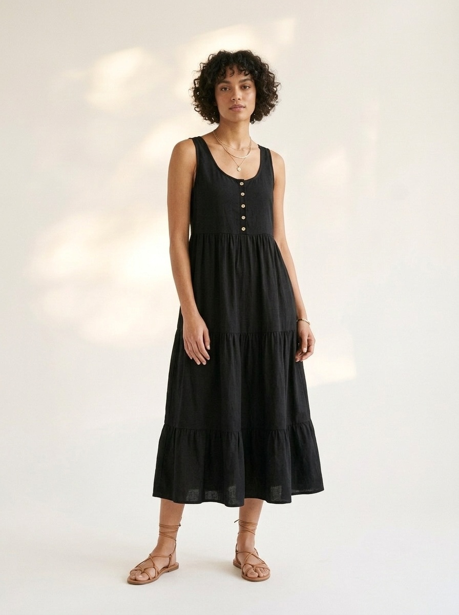 Robe midi sans manches à volants et boutons pour femme