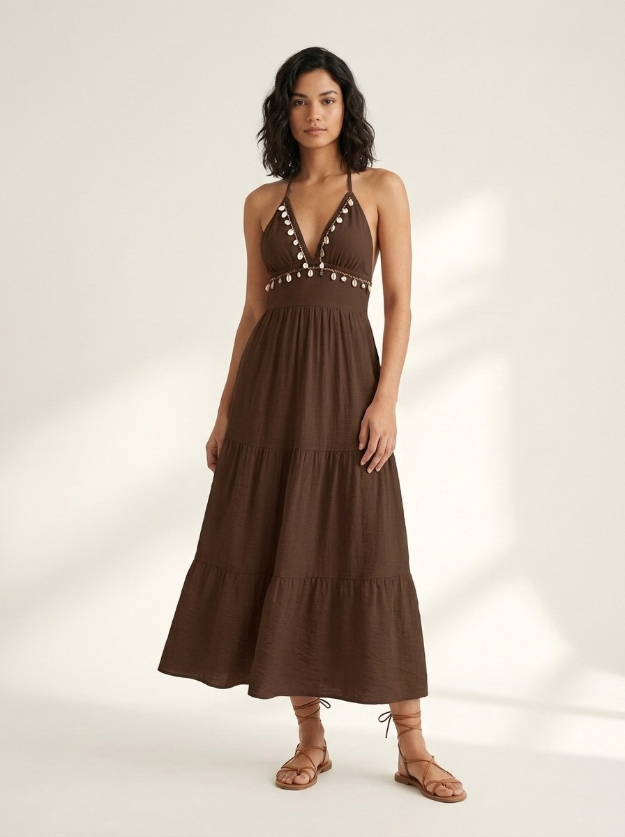 Bohemian Halter Neck Tiered Maxi Dress with Shell Detail