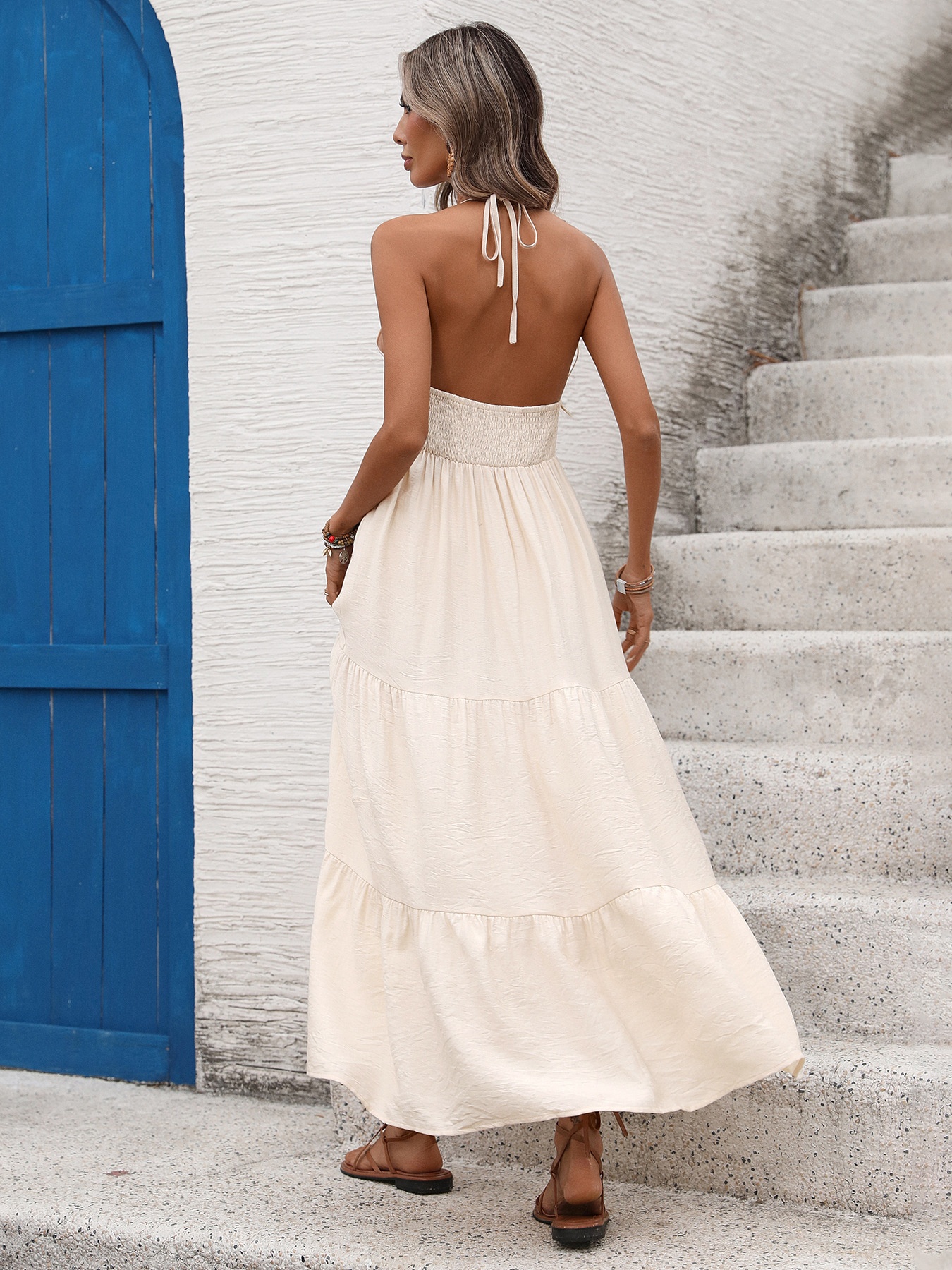 Bohemian Halter Neck Tiered Maxi Dress with Shell Detail
