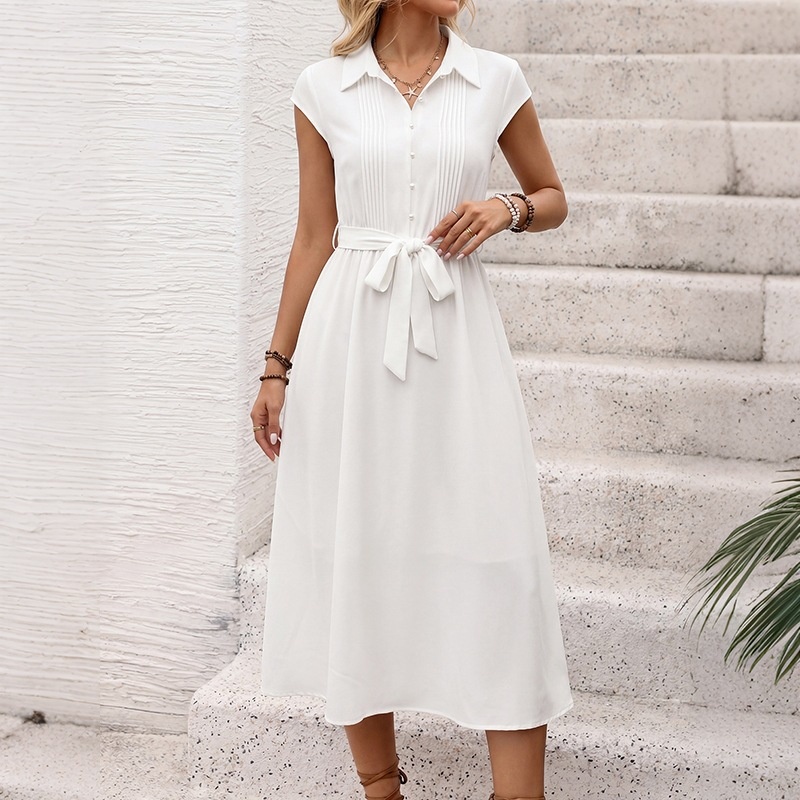 Women's White Pleated Button-Front Belted Shirt Dress