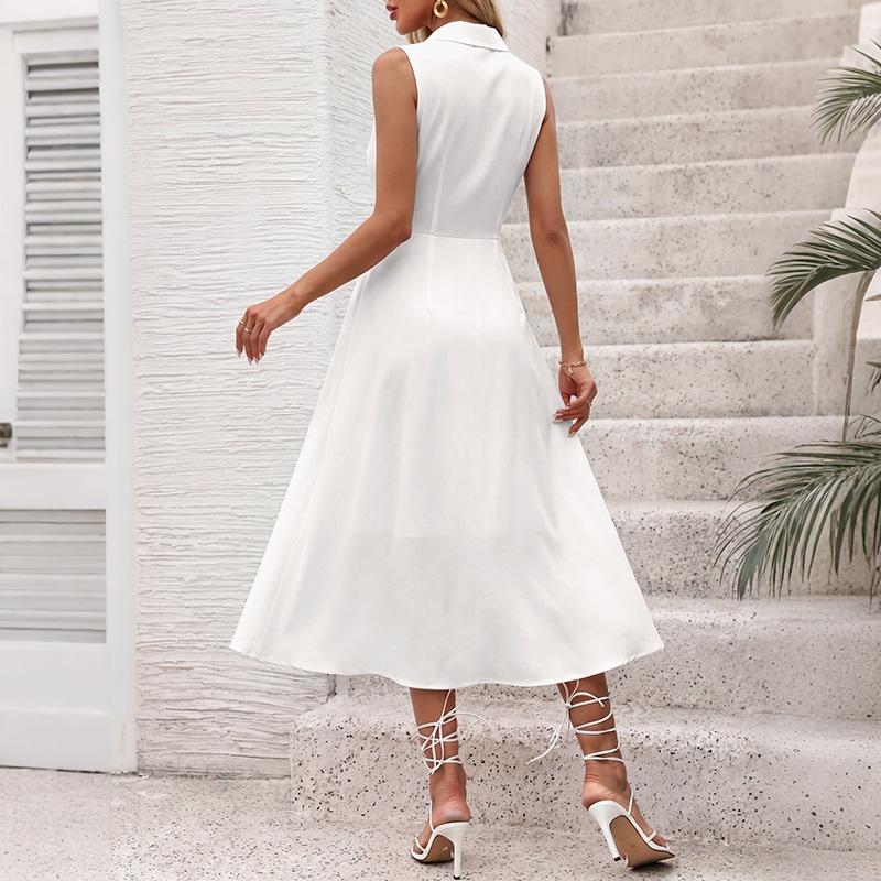 Women's Sleeveless White Shirt Dress with Black Belt