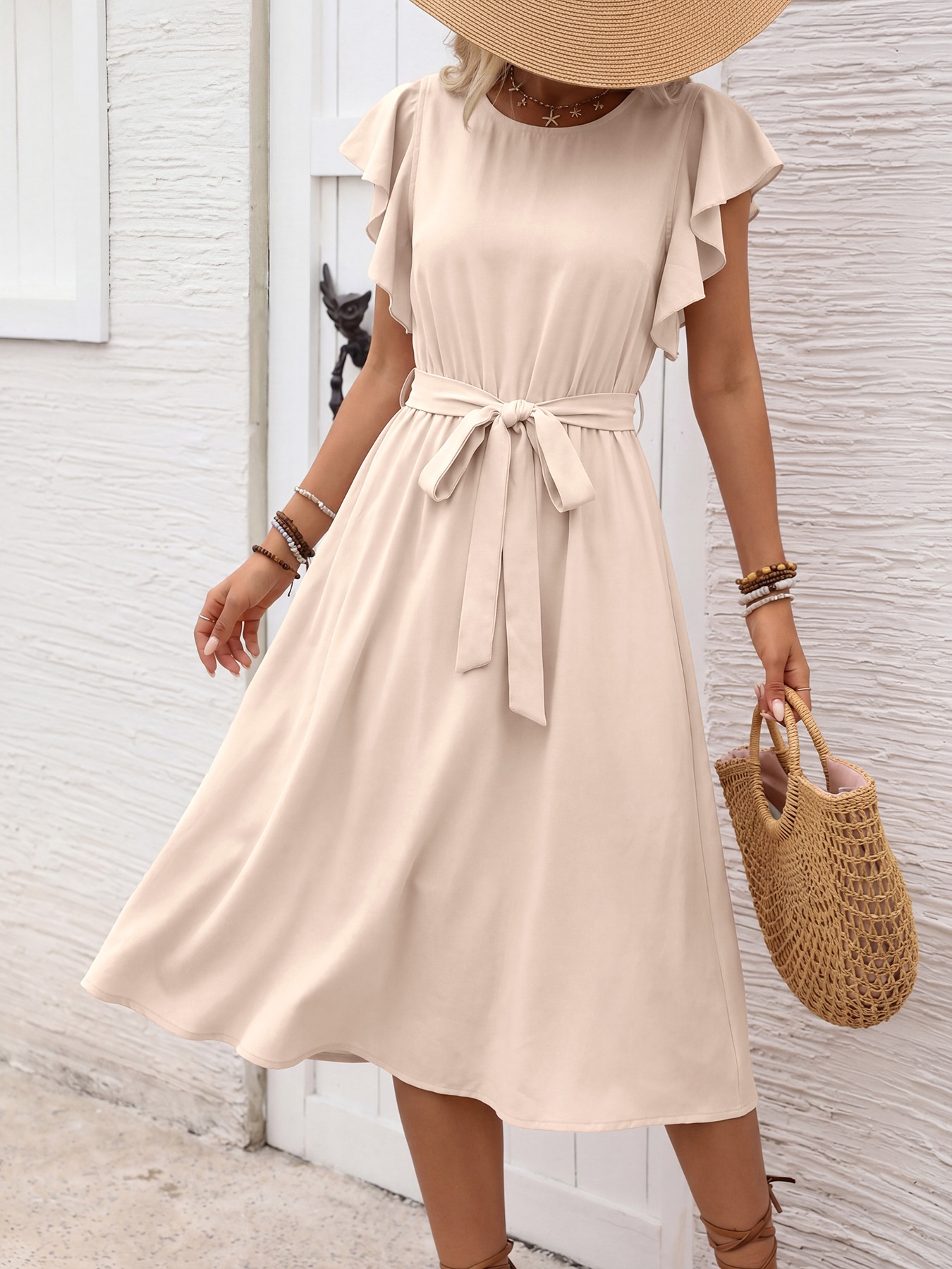Robe midi élégante à manches à volants et ceinture - Chic décontracté