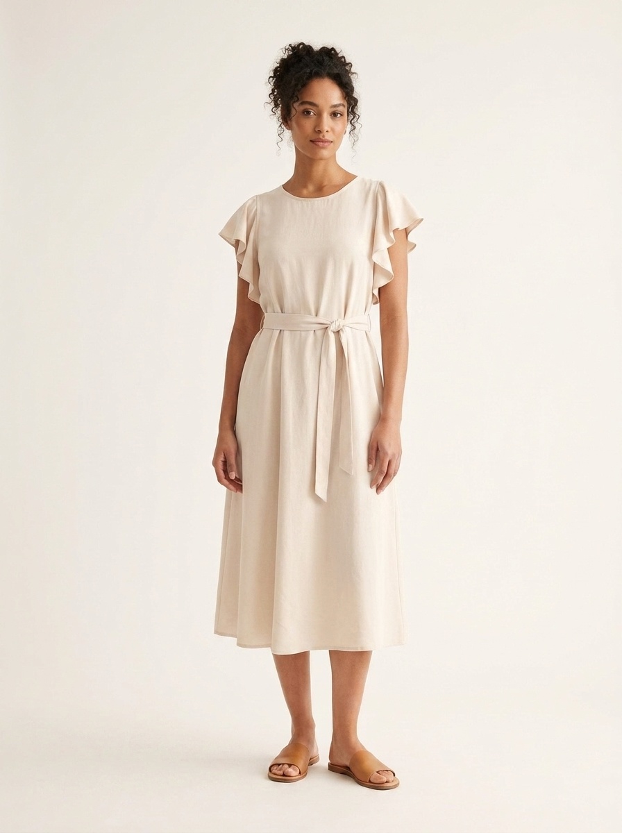 Robe midi élégante à manches à volants et ceinture - Chic décontracté