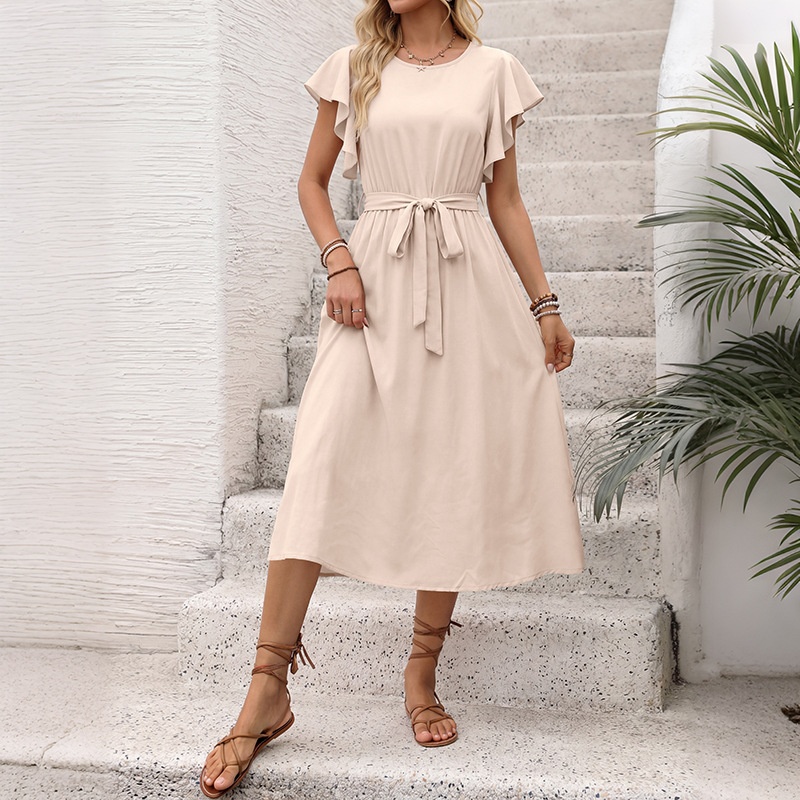 Robe midi élégante à manches à volants et ceinture - Chic décontracté