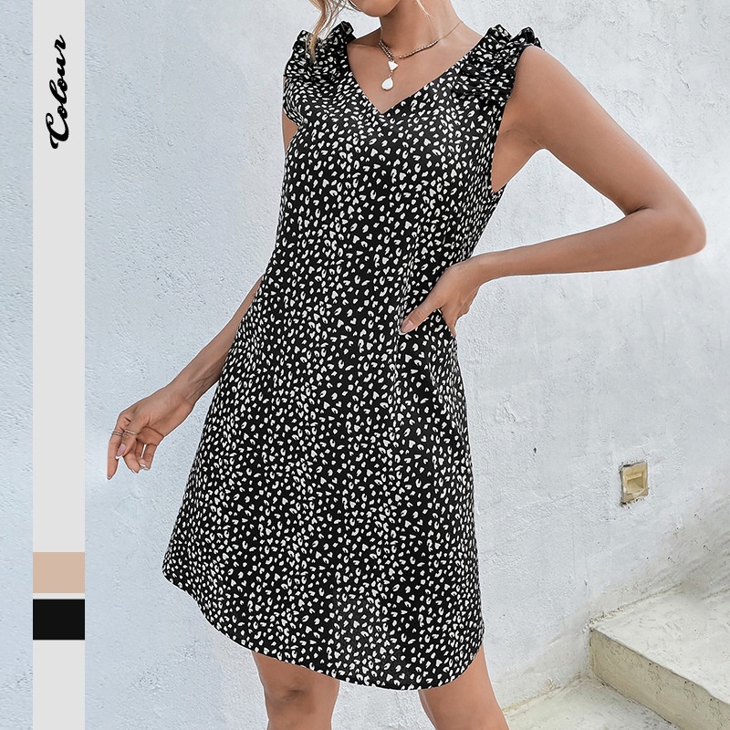Robe sans manches à volants et col en V pour femme