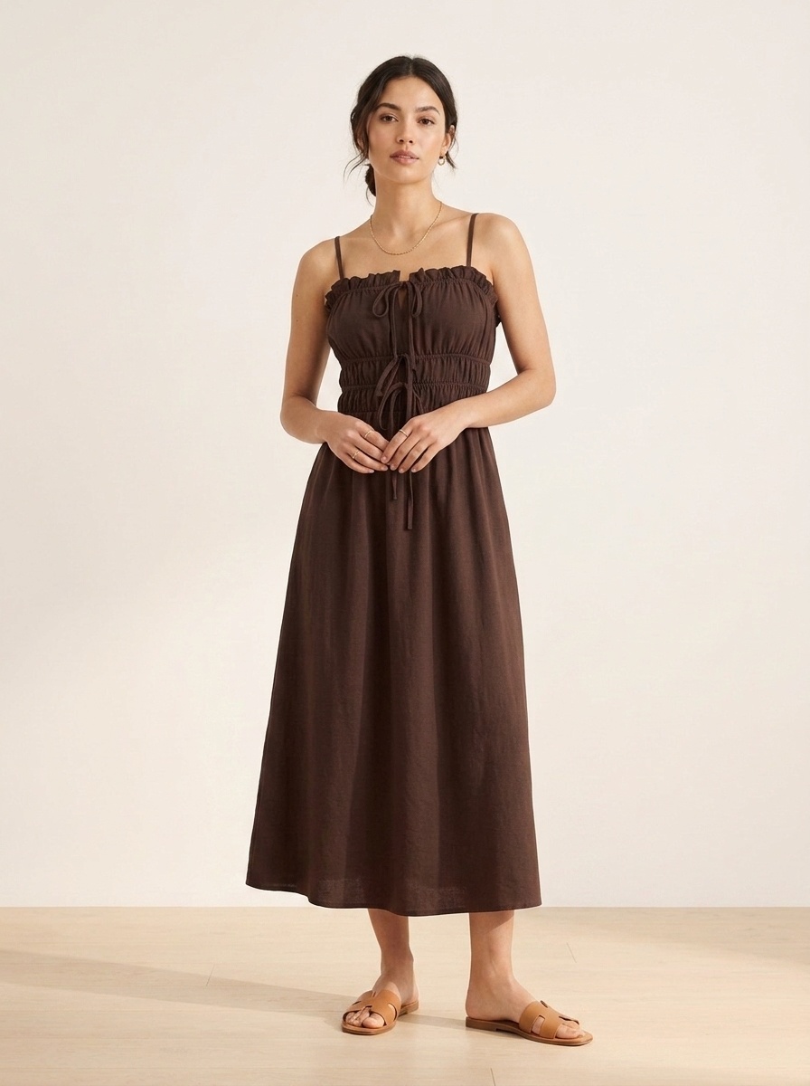 Robe midi à bretelles fines et volants pour femme