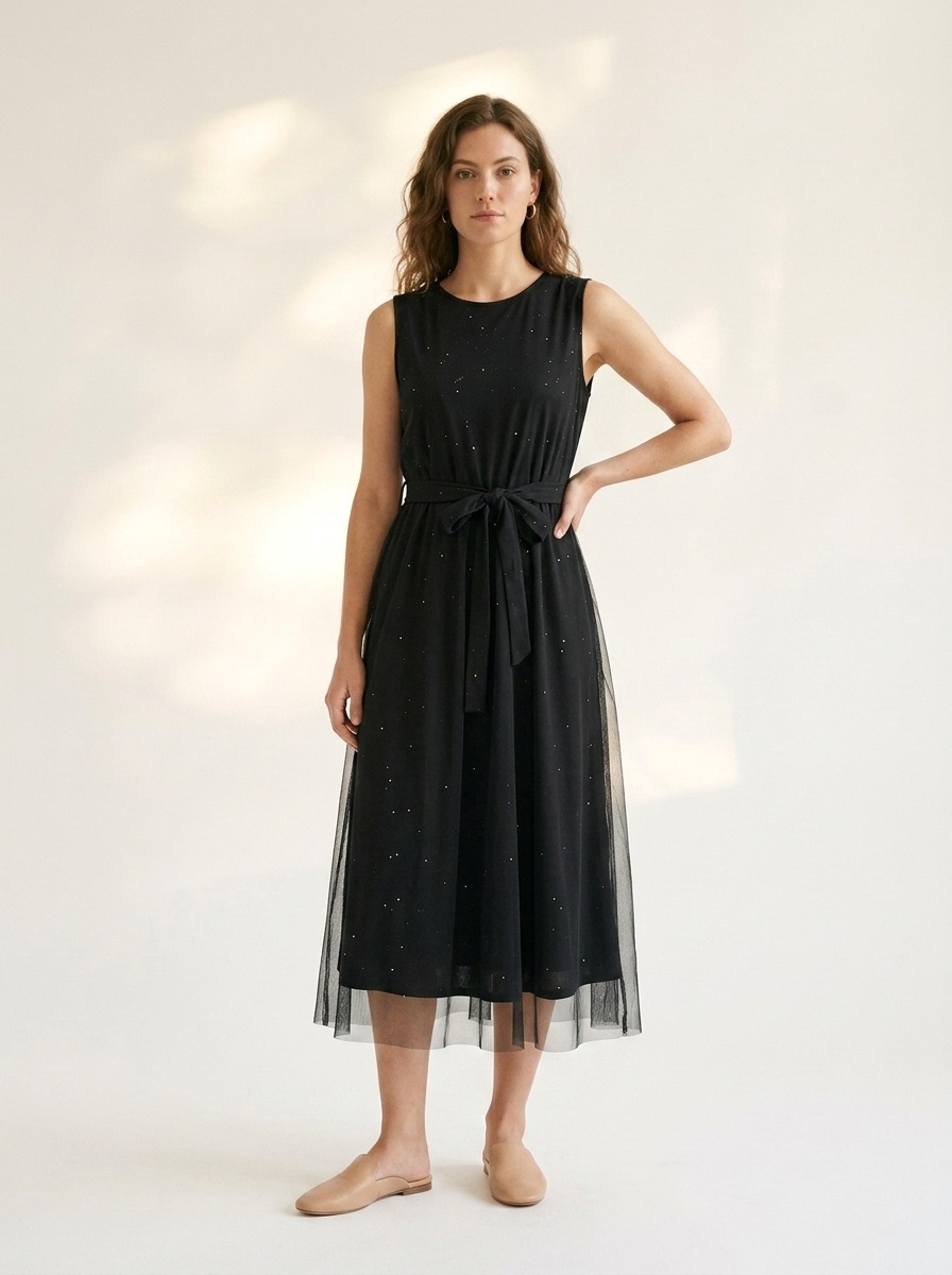 Robe midi en tulle noir pailleté avec ceinture à nouer