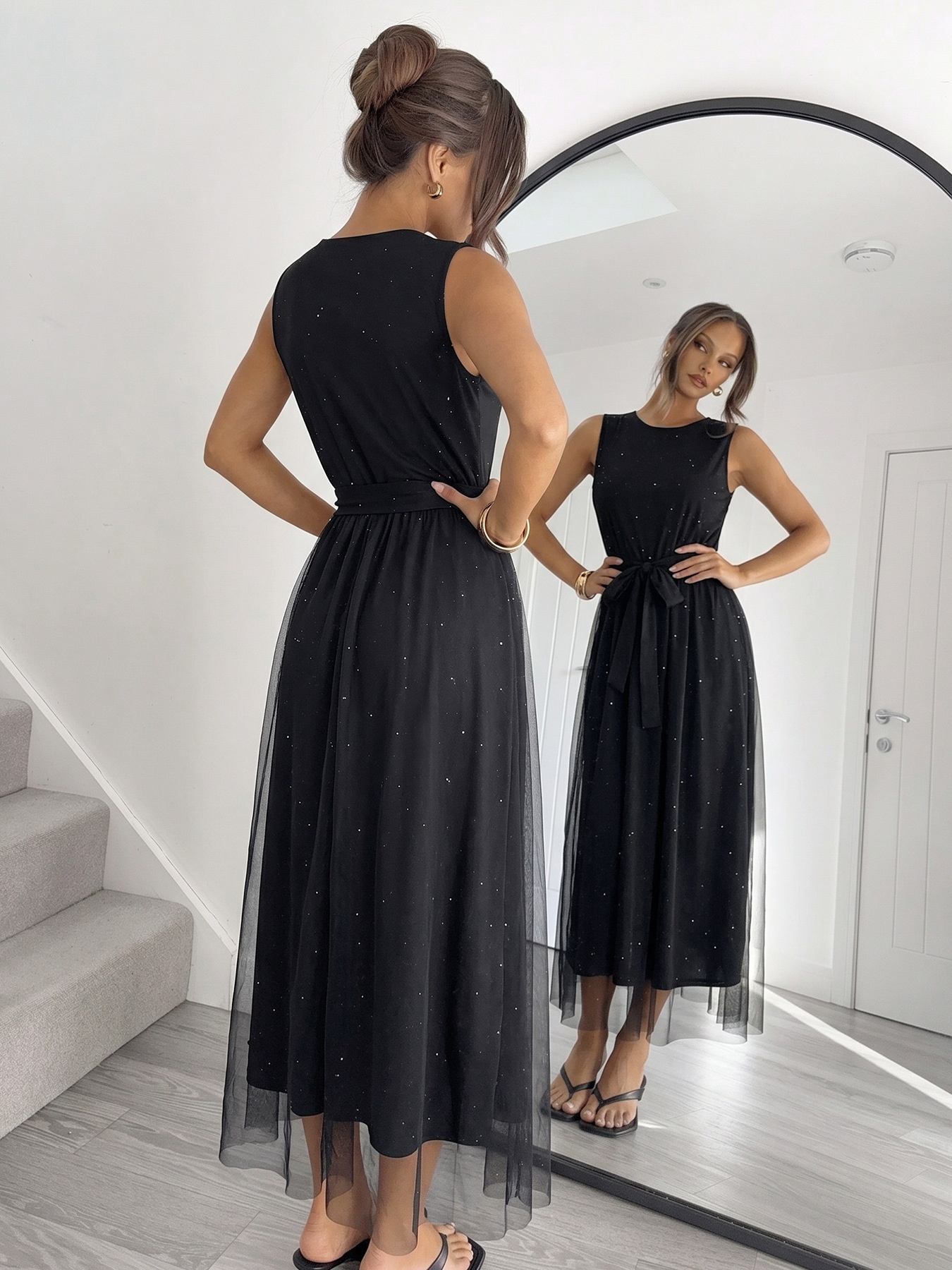Robe midi en tulle noir pailleté avec ceinture à nouer