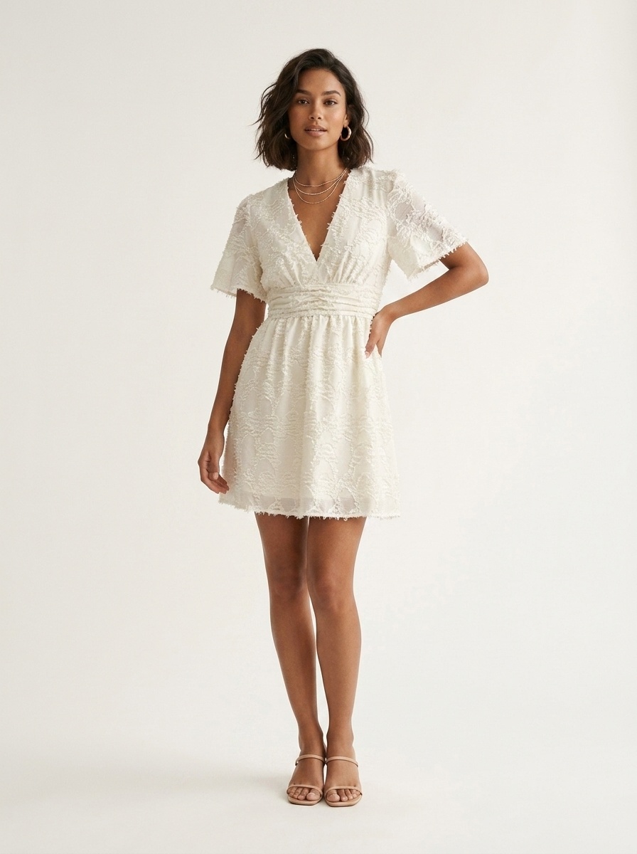 Robe courte texturée à col en V et manches courtes