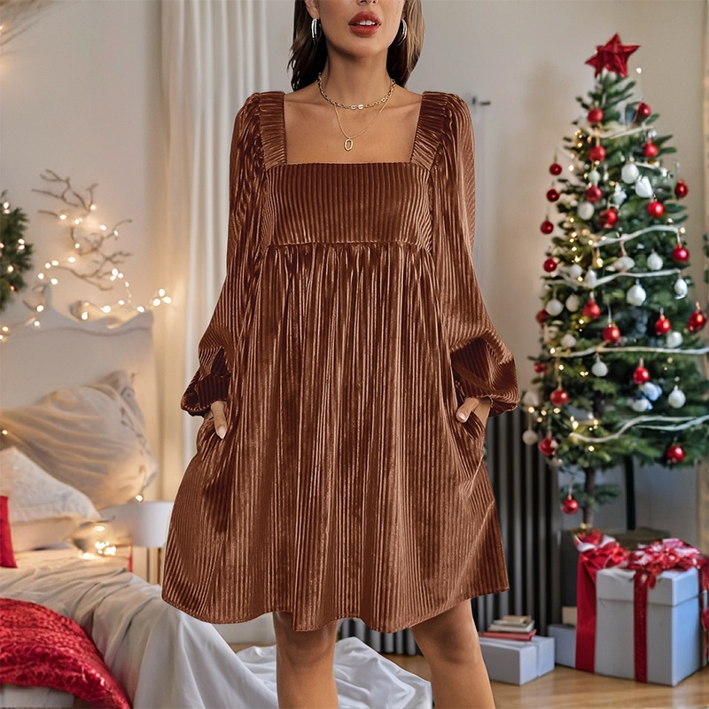 Square Neck Ribbed Velvet Babydoll Mini Dress