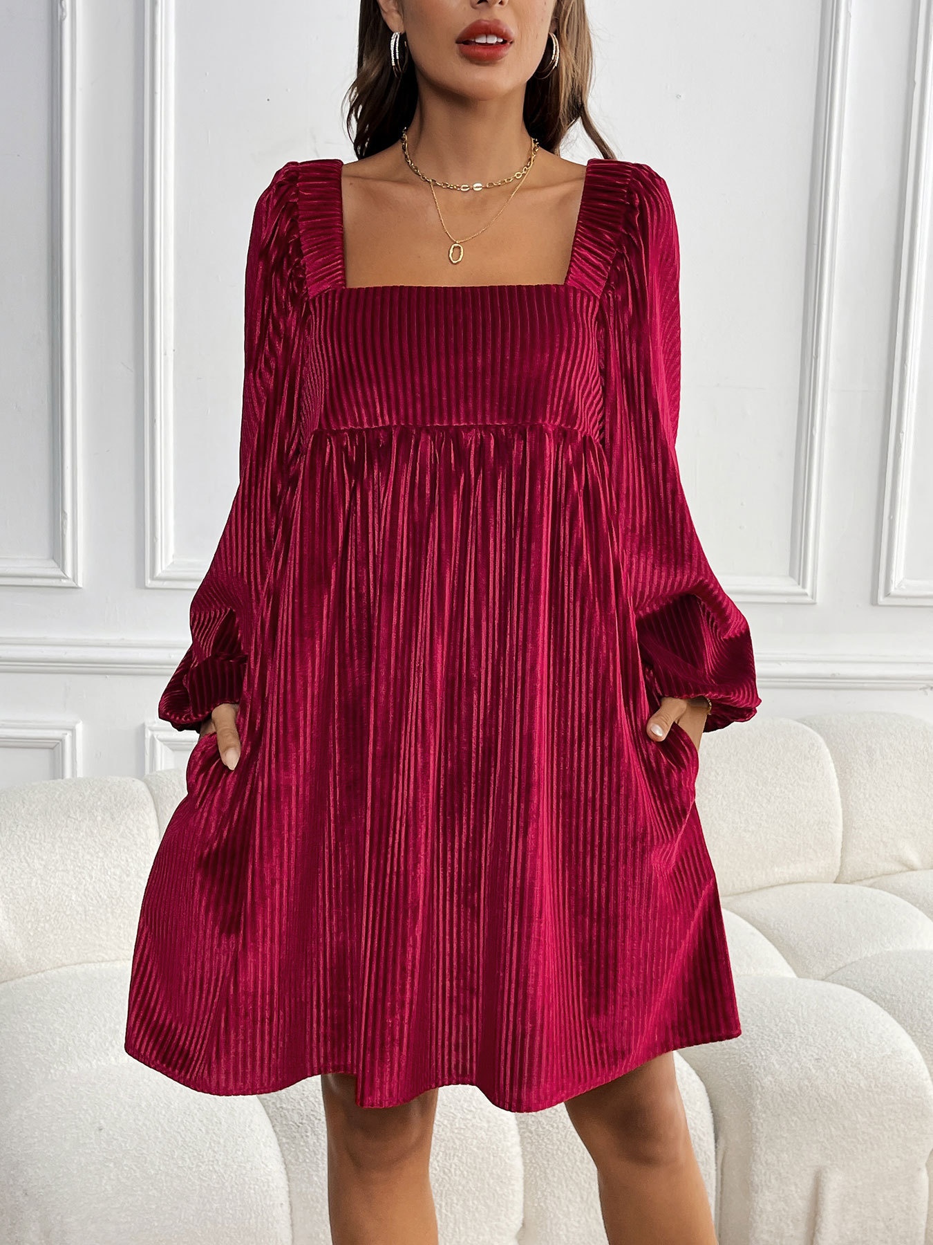 Square Neck Ribbed Velvet Babydoll Mini Dress