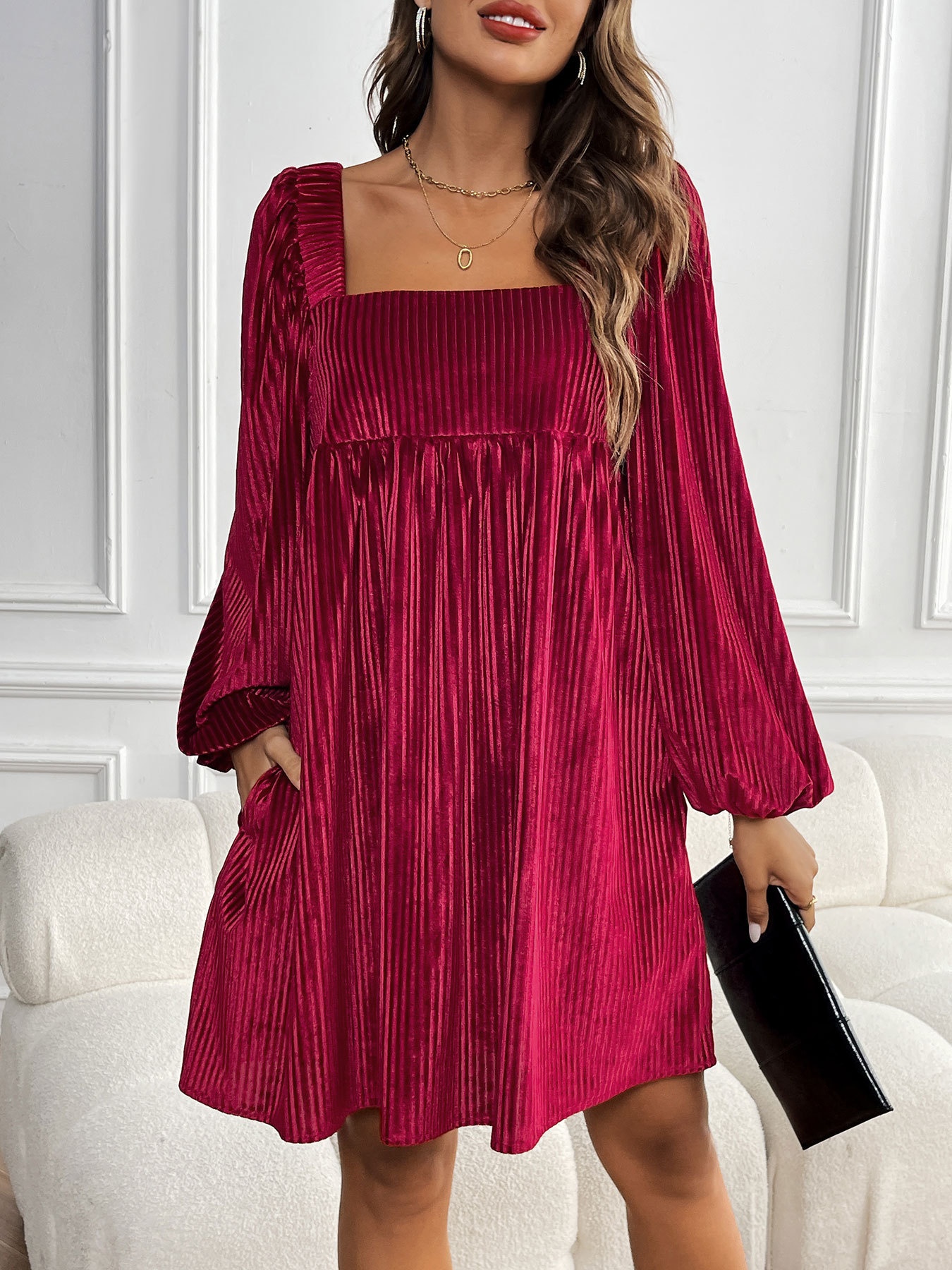 Square Neck Ribbed Velvet Babydoll Mini Dress