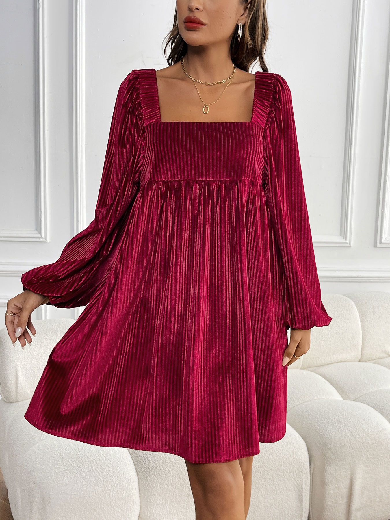 Square Neck Ribbed Velvet Babydoll Mini Dress