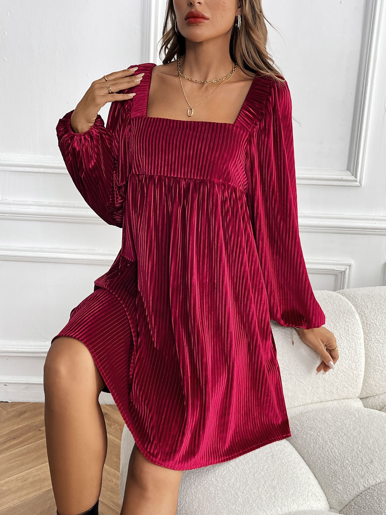 Square Neck Ribbed Velvet Babydoll Mini Dress
