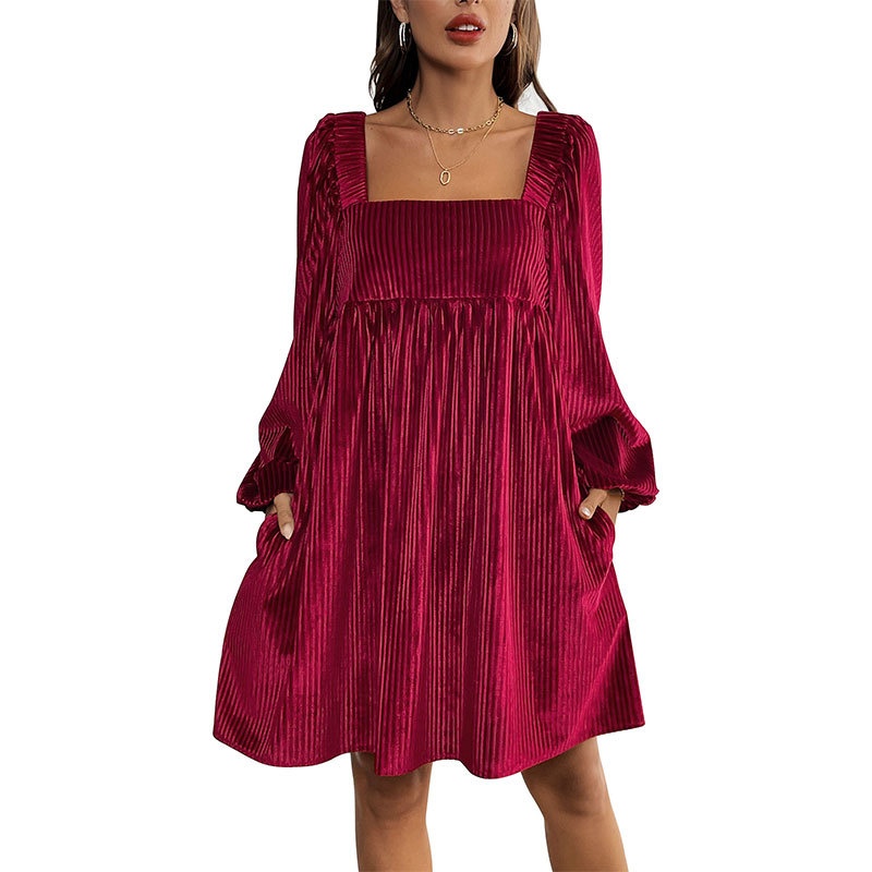 Square Neck Ribbed Velvet Babydoll Mini Dress