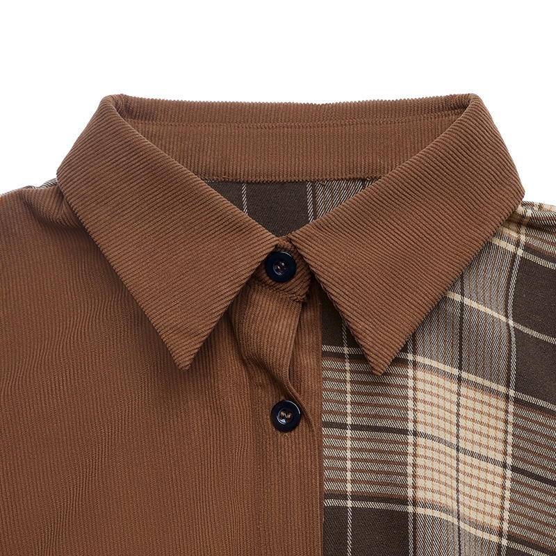 Women's Plaid Patchwork Corduroy Midi Shirt Dress