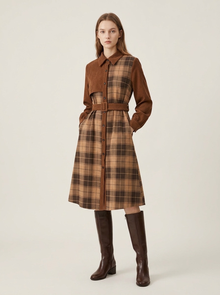 Women's Plaid Patchwork Corduroy Midi Shirt Dress