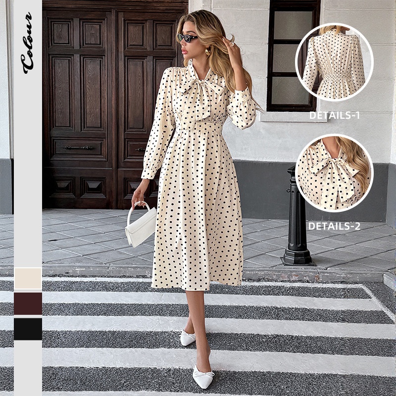 Polka Dot Tie Neck Long Sleeve Midi Dress