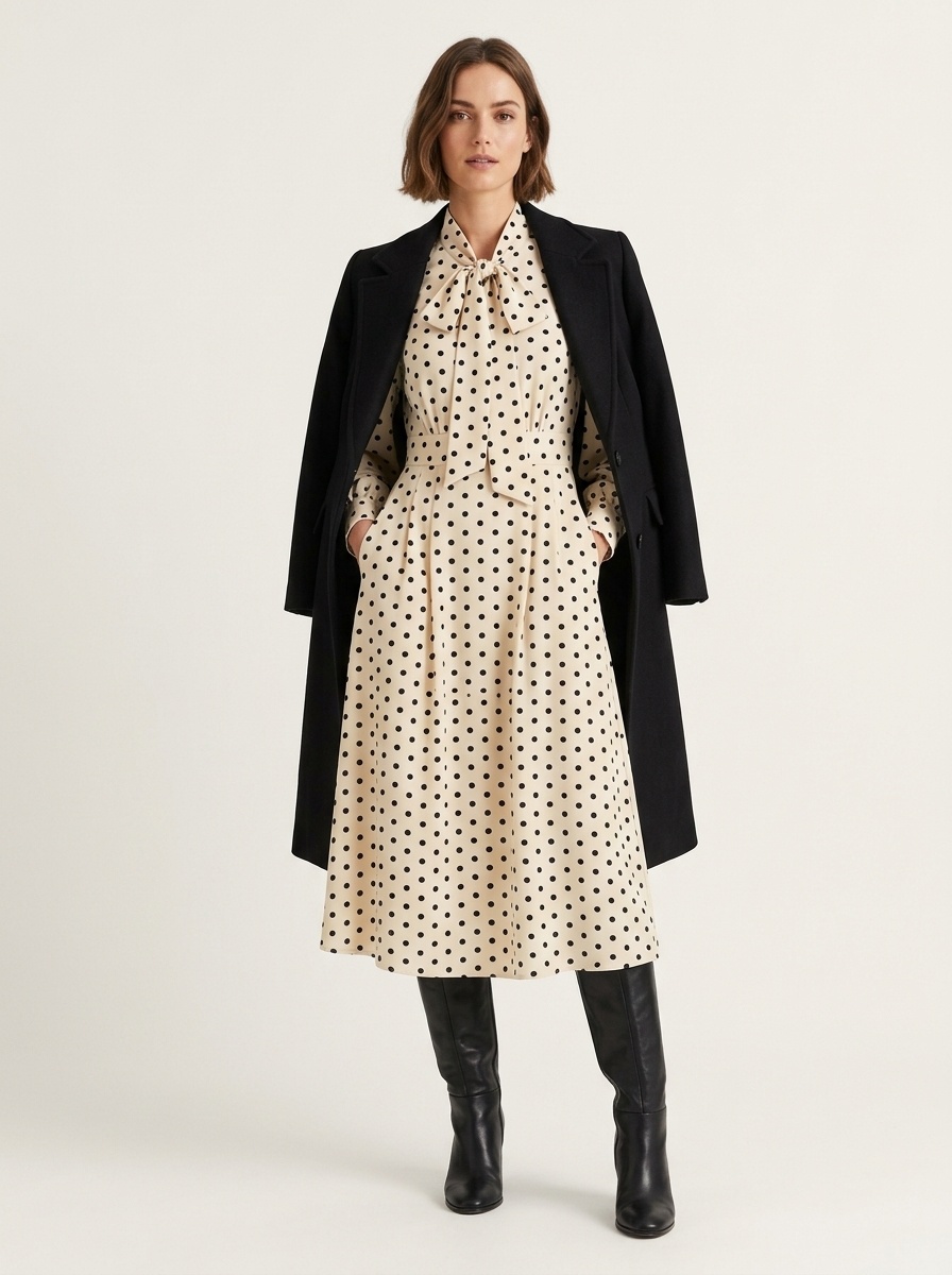 Polka Dot Tie Neck Long Sleeve Midi Dress