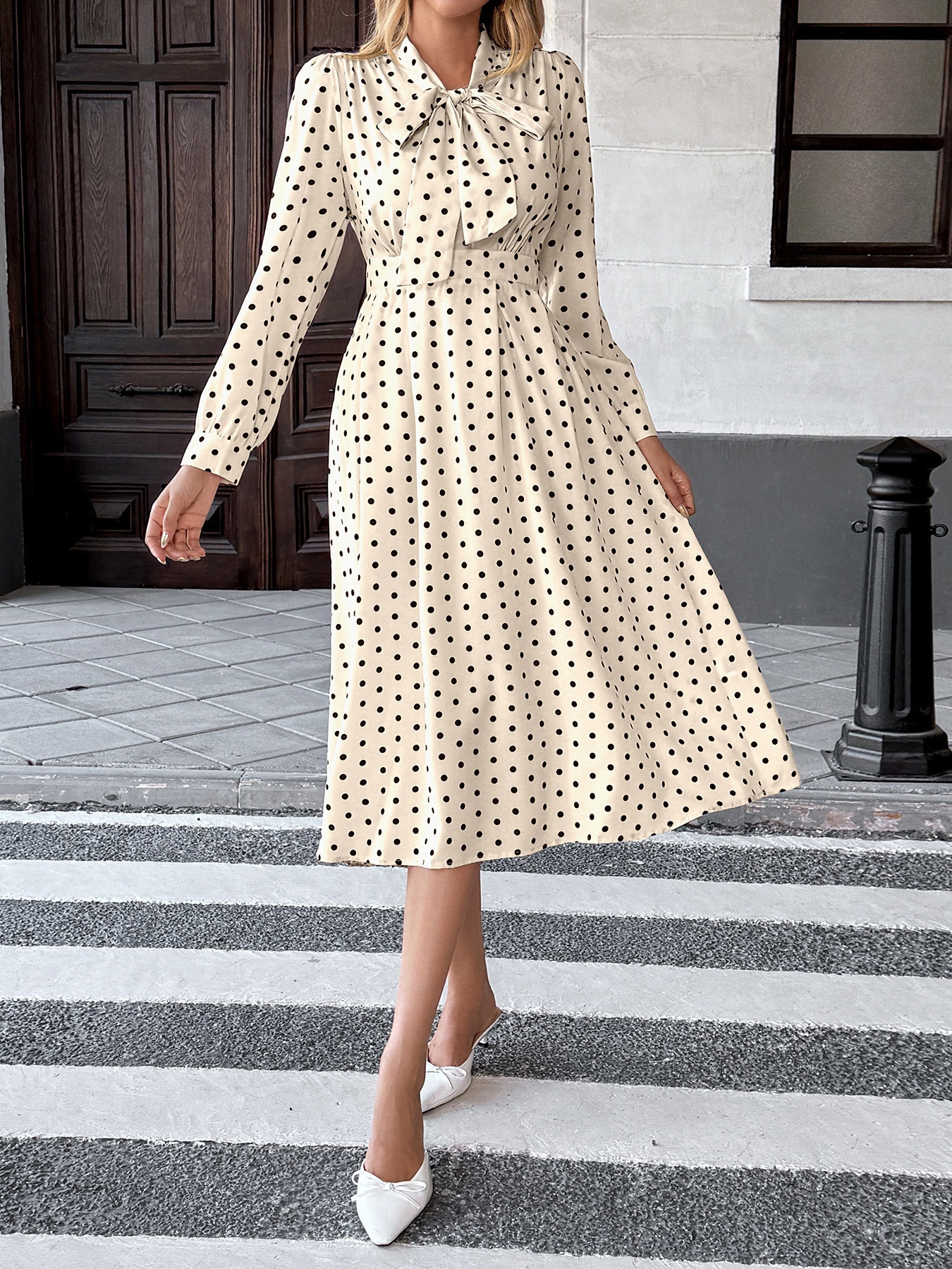 Polka Dot Tie Neck Long Sleeve Midi Dress