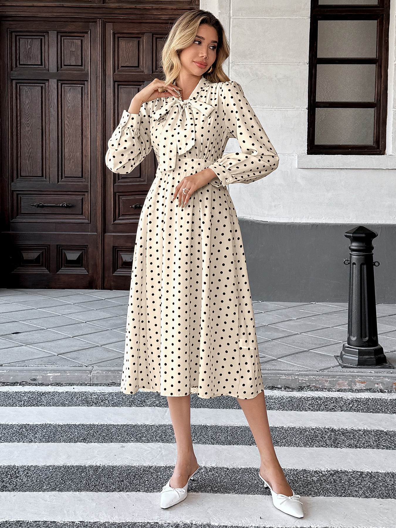 Polka Dot Tie Neck Long Sleeve Midi Dress