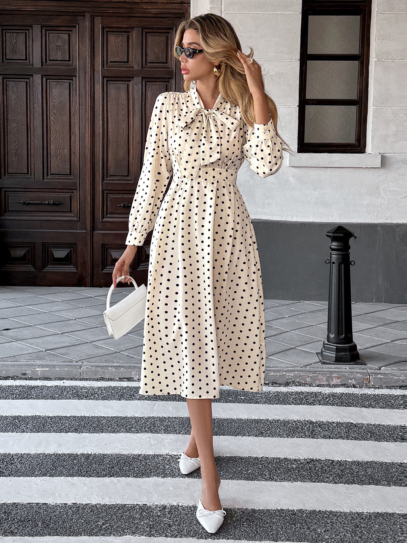 Polka Dot Tie Neck Long Sleeve Midi Dress
