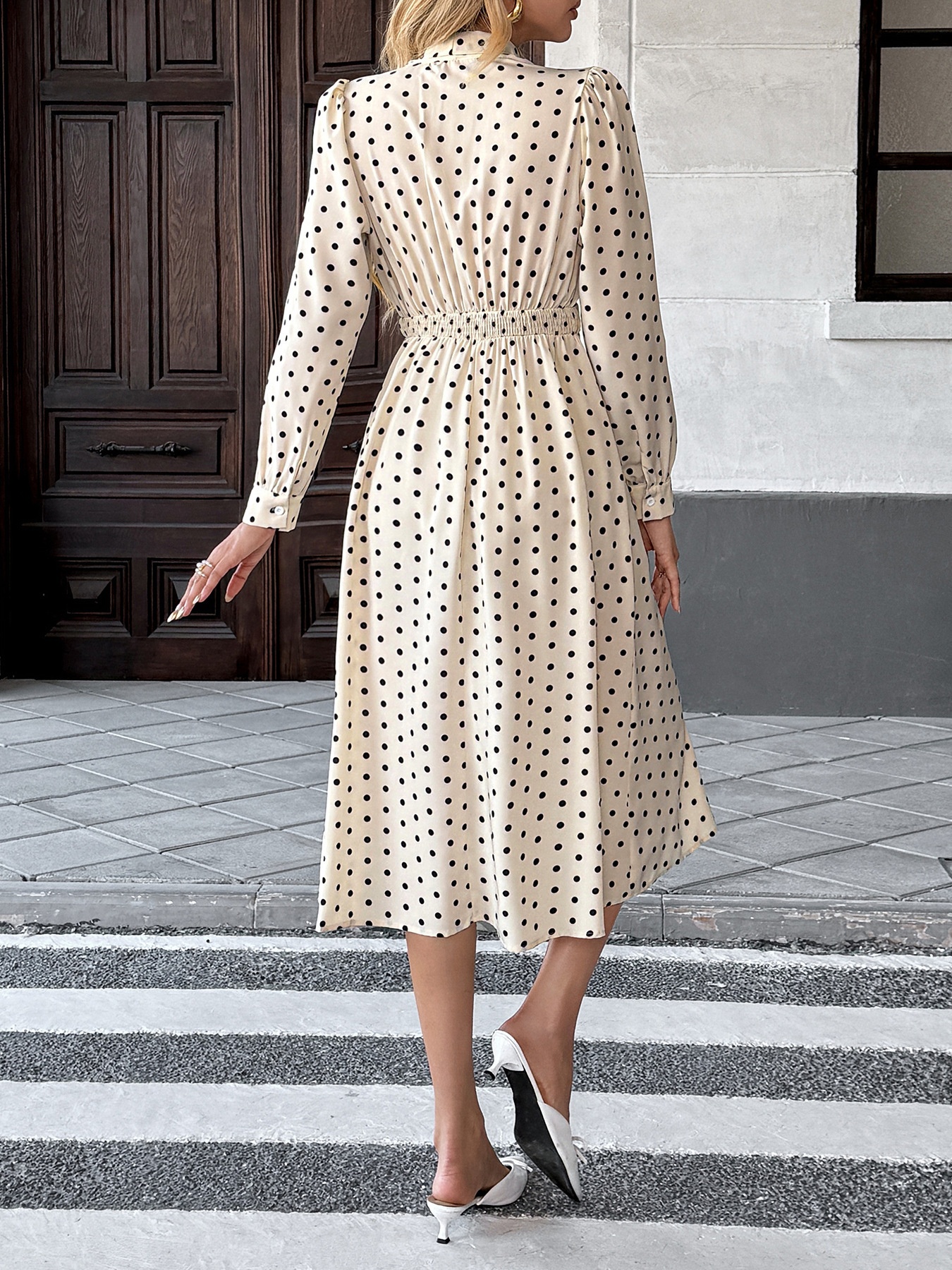 Polka Dot Tie Neck Long Sleeve Midi Dress