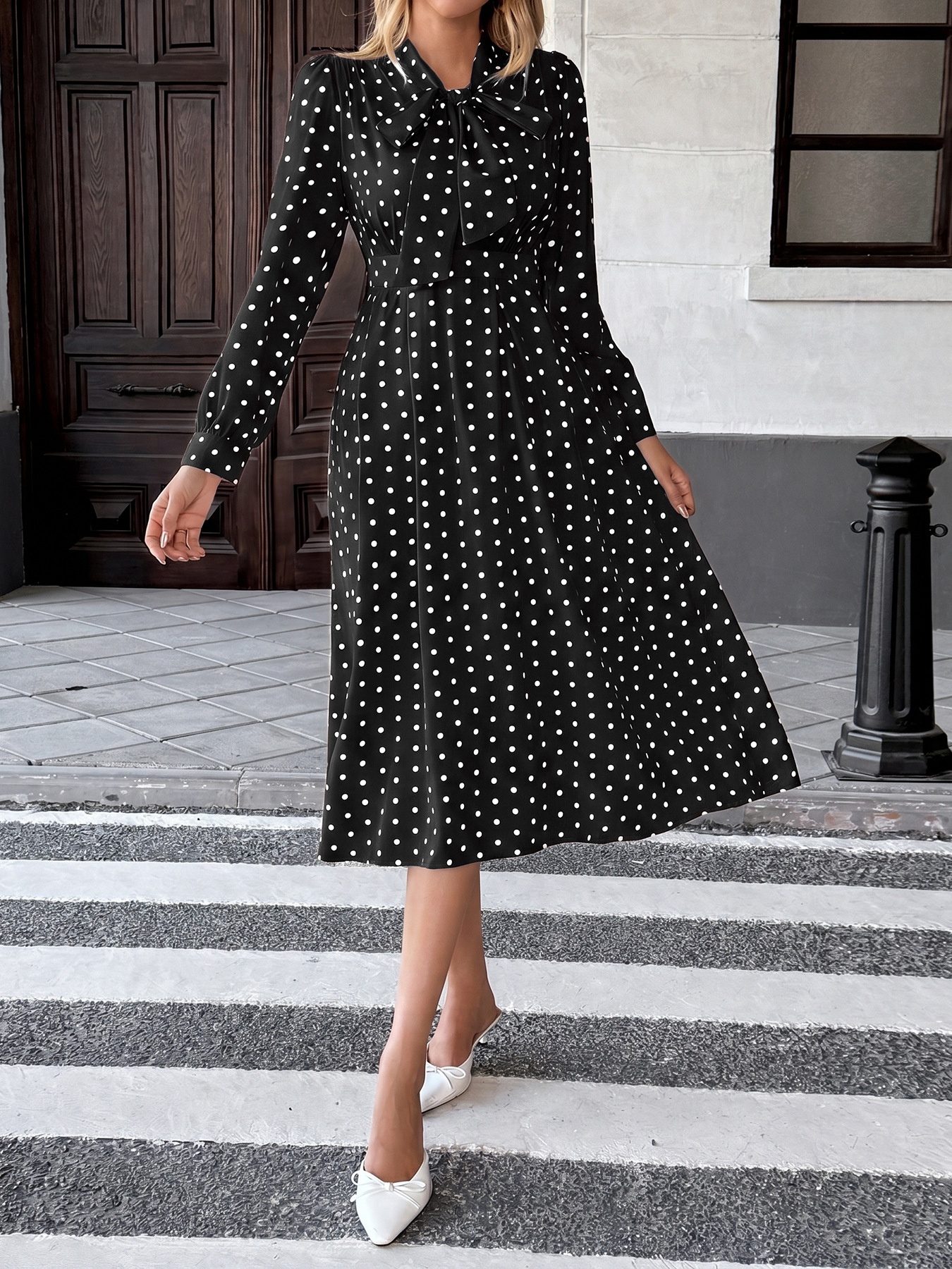 Polka Dot Tie Neck Long Sleeve Midi Dress