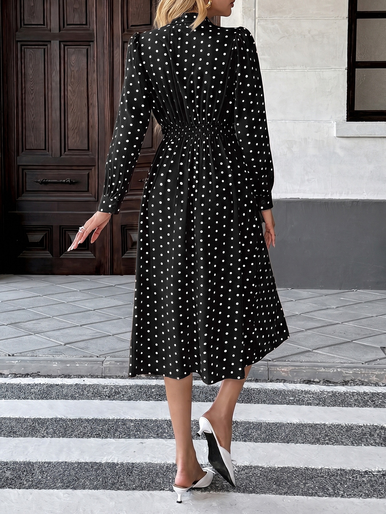 Polka Dot Tie Neck Long Sleeve Midi Dress