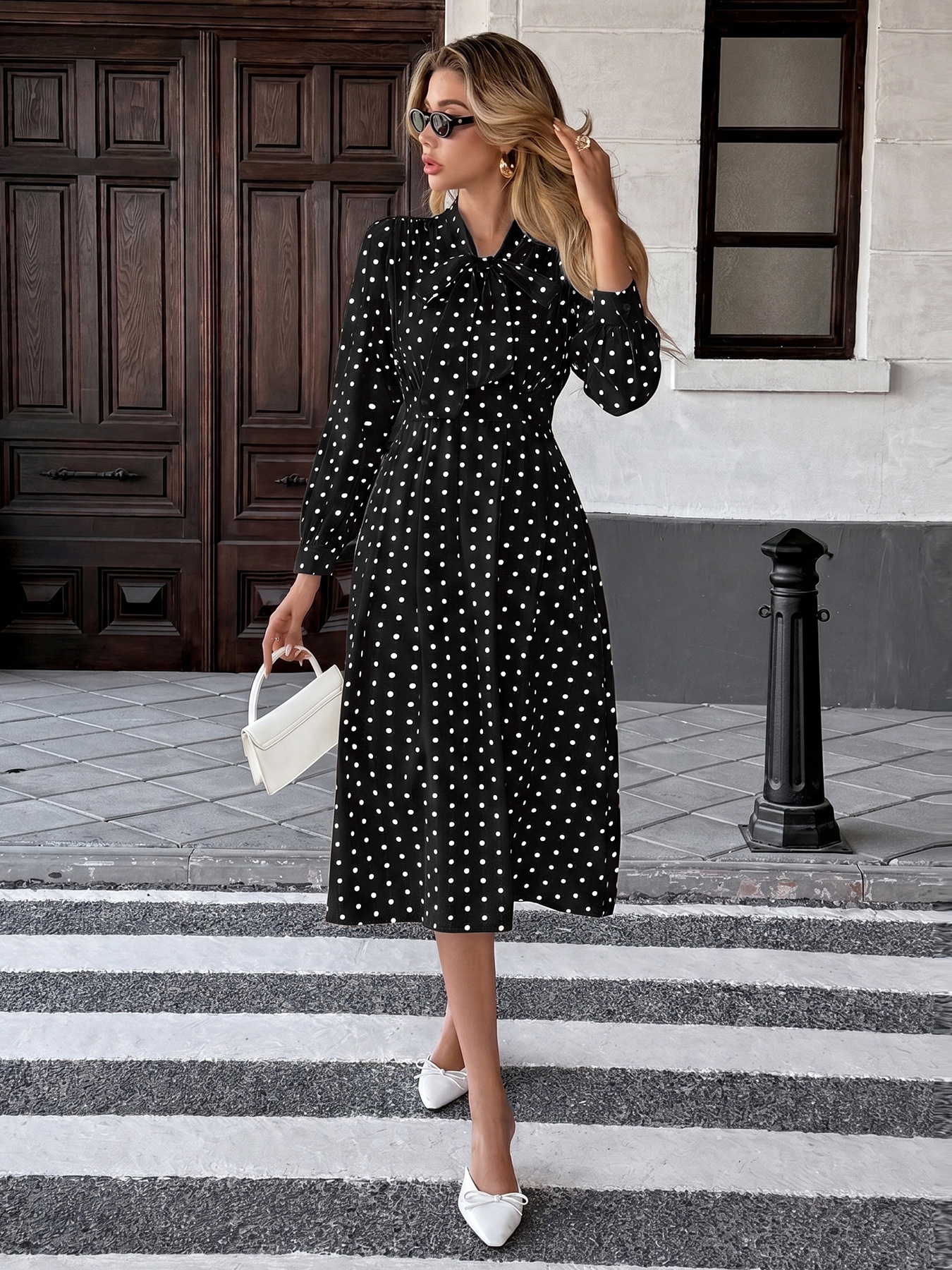 Polka Dot Tie Neck Long Sleeve Midi Dress