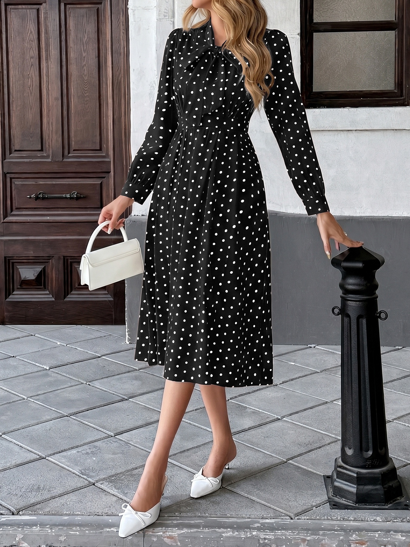 Polka Dot Tie Neck Long Sleeve Midi Dress