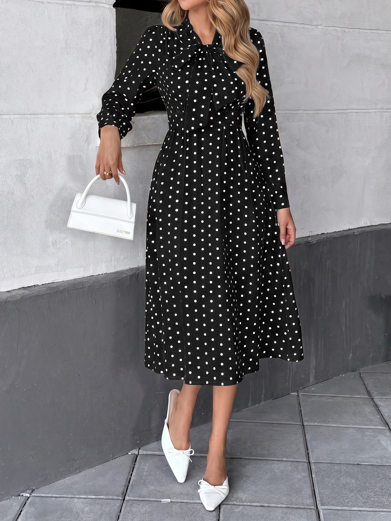 Polka Dot Tie Neck Long Sleeve Midi Dress