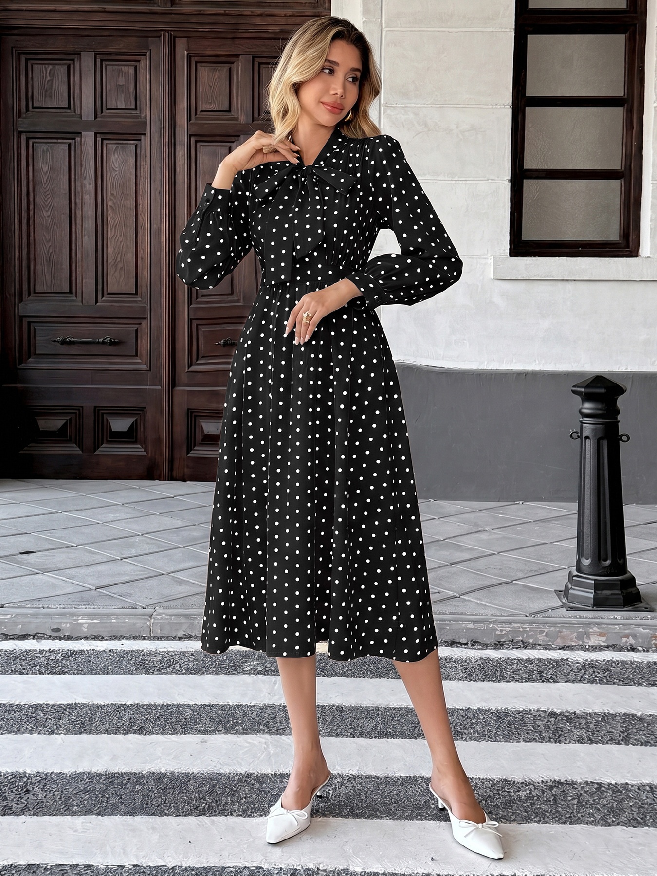 Polka Dot Tie Neck Long Sleeve Midi Dress